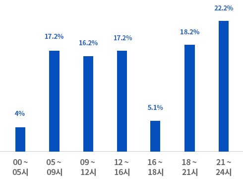 00~05시:4%, 05~09시:17.2%, 09~12시:16.2%, 12~16시:17.2%, 16~18시:5.1%, 18~21시:18.2%, 21~24시:22.2%